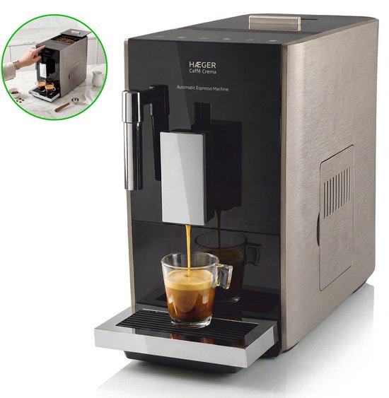 Haeger Caffè Crema Volautomatische Espressomachine - 2 Soorten Koffie Heet water - Melkopschuimer voor Cappuccino - Koffiemachine met bonen - Zwart