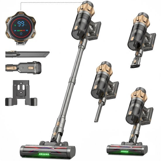 Cleanova Steelstofzuiger draadloos - 45000PA - 500W - 60 minuten - Display - kruimeldief - zonder zak - Groen verlichting - muurbevestiging
