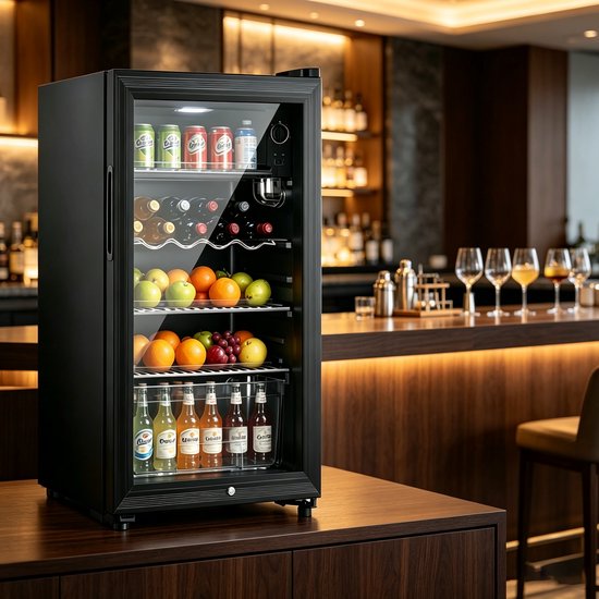 learnlogic Deze zwarte vrijstaande drankkoelkast met een inhoud van 118 liter heeft een apart vriesvak waarin tot 100 blikjes drank passen Ideaal voor thuis en op kantoor Afmetingen 45 x 45.2 x 84 cm (zwart)