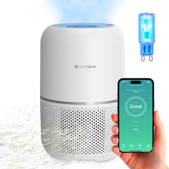 Luchtreiniger Pro met App en Vervangbare HEPA 13 Filter en UV-Lamp - Air Purifier - 165m3/u - Air Cleaner - 4 Standen - Koolstoffilter - Tegen Hooikoorts, Huisstofmijt, Allergie, Stof, Geur, Rook - Wit - Silvergear(165)