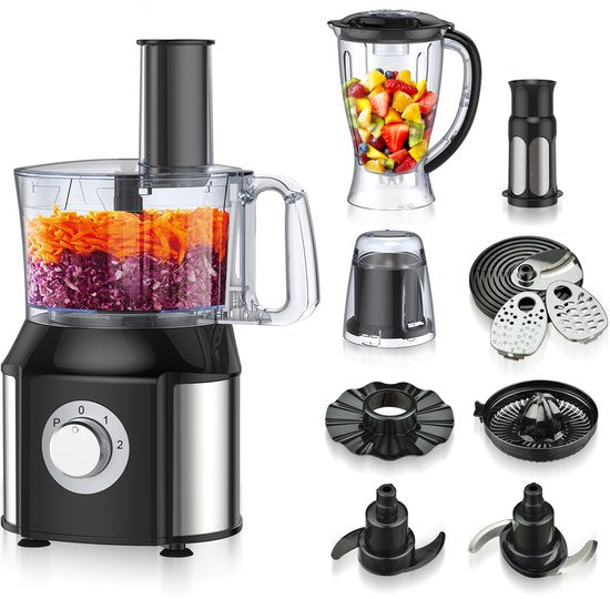 Royal Swiss® Foodprocessor 5-in-1 – 550W – Keukenmachine met Blender, Hakmolen, Citruspers Snij-/Raspbladen – 2 Snelheden + Pulse – Black Edition