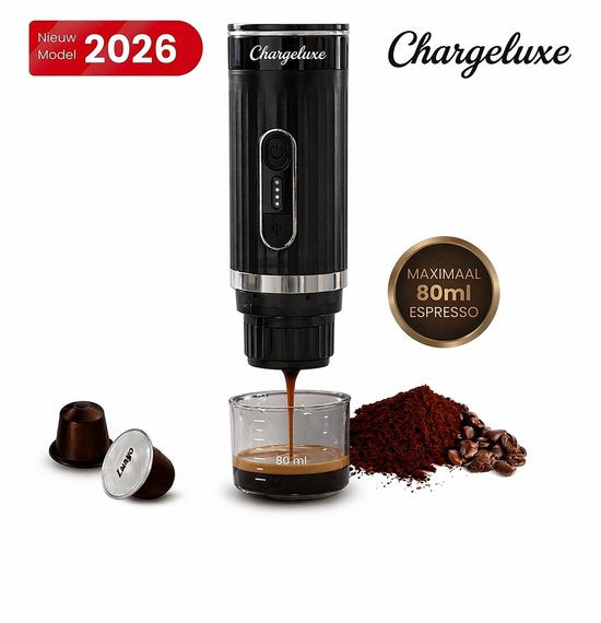Chargeluxe ChargeLuxe Draagbare Espressomachine - Koffiezetapparaat voor Onderweg - Portable Espresso Machine - 20 Bar - Voor Capsules, Cups Gemalen Koffie - Verwarmt Zelf Water tot 92°C - USB-C Oplaadbaar - IJskoffie - Reis, Camping Auto - 12 Vo