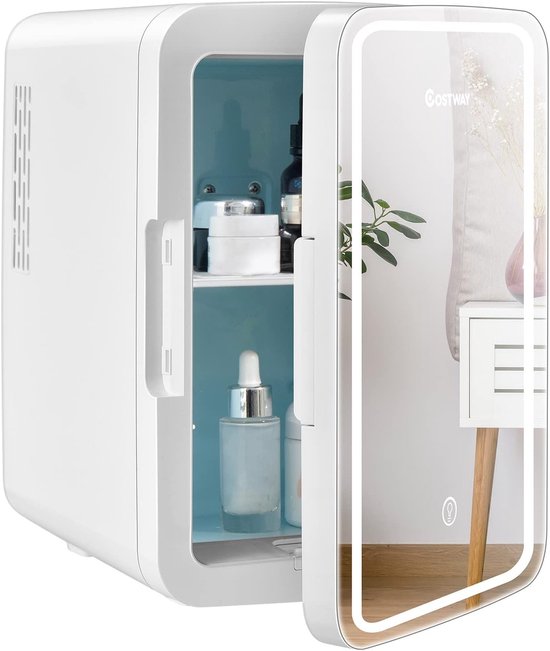 Costway COSTWAY Mini koelkast, 10 L Draagbare AC / DC schoonheid koelkast met LED-spiegel, afneembare planken voor huidverzorging, make-up, drank, Compacte koelkast, Thermo-elektrische koeler / verwarming voor auto, slaapkamer