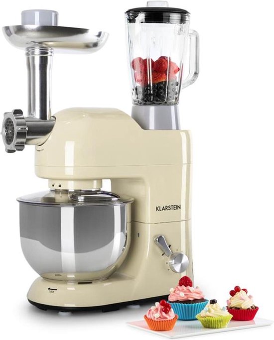 Klarstein Blender Knetmaschine keukenmachine met Fleischwolf, 2000W Teigmaschine klein, 6 standen, Schneebesen - Knethaken, planetair , roermachine met Mixer, keukenmachines met 5L kom - 1800W 5,2L - voor Keuken - RVS - Standmixer(Vintage Crème)