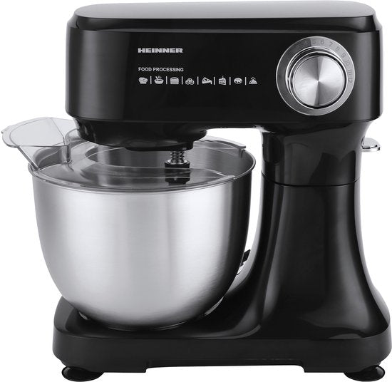 Heinner Keukenmachine 600W – 3,5L RVS Mengkom – 12 Snelheden – Pulse-functie – Planetaire Mixer – Zwart – Inclusief Klopper, Kneedhaak(Zwart)