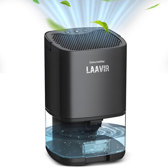 Laavir® Luchtontvochtiger – 2-in-1 Ontvochtiger Luchtreiniger – Fluisterstil – 350 ml/dag – 1000 ml Waterreservoir – LED Verlichting – Voor Slaapkamer, Badkamer, Kelder – Zwart