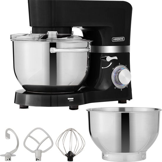 Arebos AREBOS Keukenmachine - 1500W - Keukenrobot - 5,5L4,5L - Keukenmixer - Foodprocessor - Roestvrij Stalen Mengkom - 6 Snelheden - Zwart(Zwart)