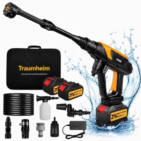 Traumheim® 68 Bar Draadloz Hogedrukreiniger - Accu Hogedrukreiniger - met Verlengstang - 240 l/h - 5m Waterslang - 400 W - 2×4000 mAh