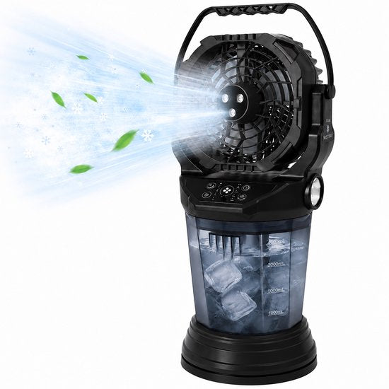 House of Balance HOB MistFan Pro - Vernevelaar - Draagbare Ventilator - Mistventilator - Water reservoir 2 L - Camping Ventilator - Multifunctioneel met Ledverlichting - Zwart(Zwart)
