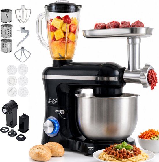 Vivid Green 2000W Keukenmixer - Vleesmolen, Blender Pastamachine - Geschikt voor Zwaar Deeg - 6,2L Mengkom - Keukenmachine - Keukenrobot - Zwart(Zwart)