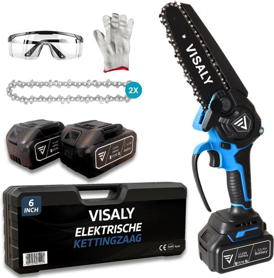 Visaly Mini Kettingzaag - Accu Snoeizaag - Elektrische Takkenzaag Boomzaag - Automatische Kettingsmering - Incl. Opbergkoffer 2 Accu's