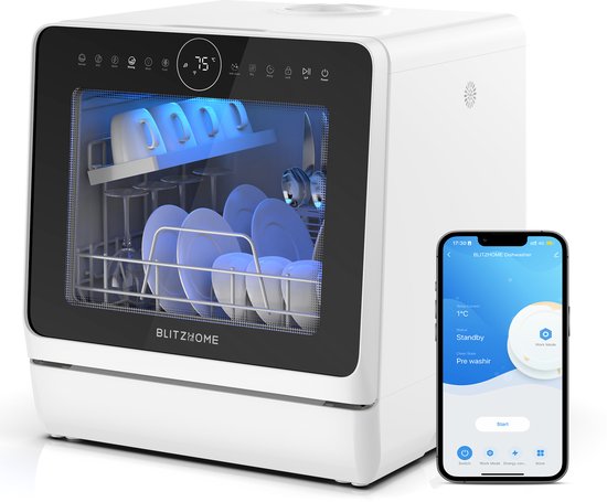 BlitzHome BLITZHOME Vaatwasser BH-4-CDW – compacte tafelmodel, 5L, 8 programma’s, 360° sproeiarmen, hete-lucht droging, app-besturing, kinderslot, EU-stekker