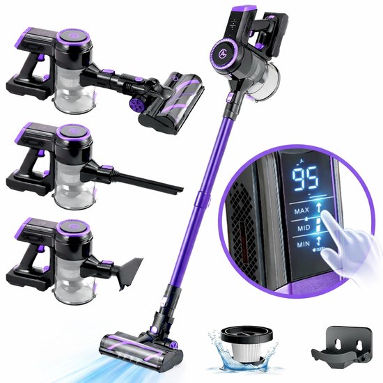AG4200 Steelstofzuiger Draadloos Deep Purple - Stofzuiger Zonder Zak - Geschikt voor Dierenharen- Krachtig -Kruimeldief- Draadloze Stofzuigers - Steelstofzuigers - Kruimelzuiger - Compact Licht(Deep Purple/Matrasborstel, Kierenzuigmond)