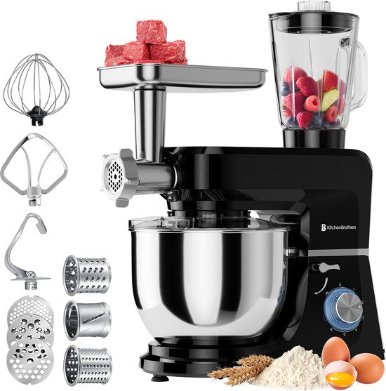 KitchenBrothers Keukenmachine - Keukenrobot - 6-in-1 Keukenmixer - Met Gehaktmolen, Blender en 15 Accessoires - 6,2L RVS Kom - Zwart(Zwart, Set)