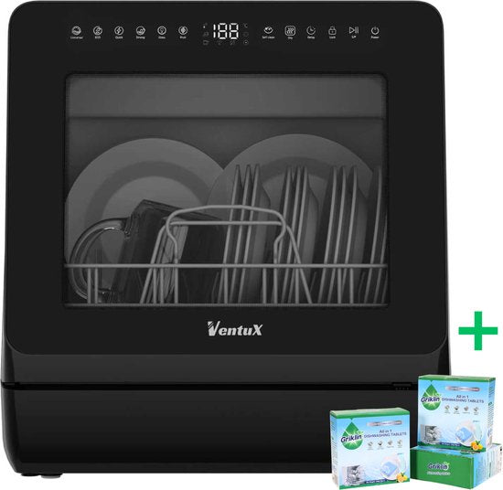 Ventux Mini Vaatwasser met Waterreservoir - 4-6 Couverts - 8 Programma's - Vrijstaande Vaatwasser - Mini Afwasmachine met UV-sterilisatie - Camping - Zwart(VTX-22S | Zwart)