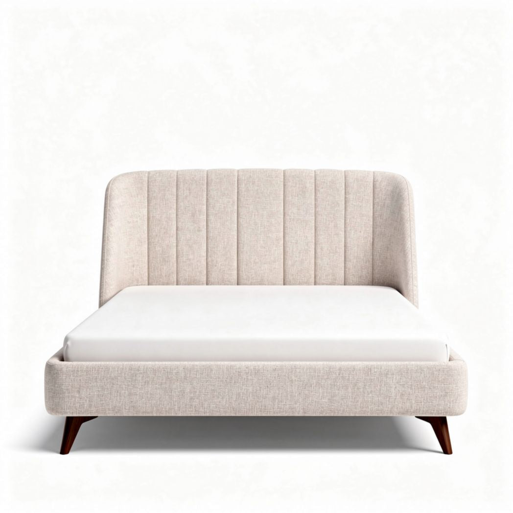 Een bed van stof met een beige kleur en afmetingen van 200 x 160 x 100cm
