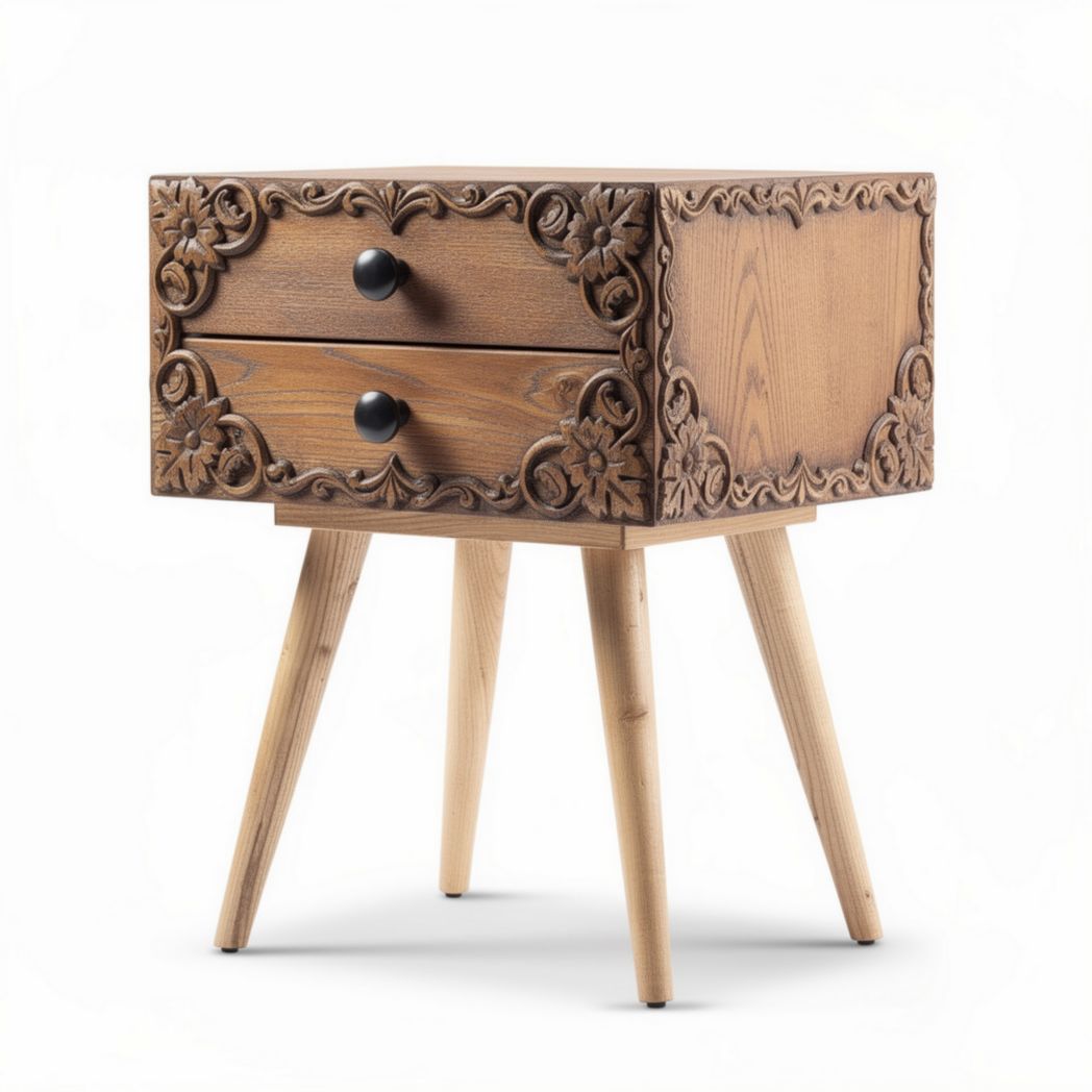 Houten nachtkastje met twee lades en gesneden details 40 x 30 x 50cm