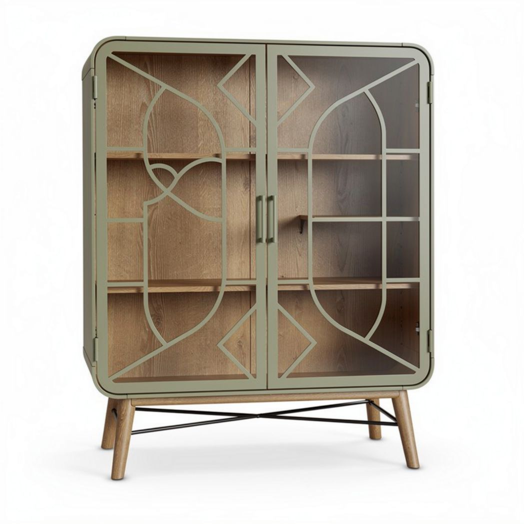 Vintage vitrinekast met glazen deuren en houten planken 80 x 40 x 120cm groen