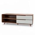 Lage houten tv-meubel met twee lades en glazen fronten 150 x 40 x 50cm