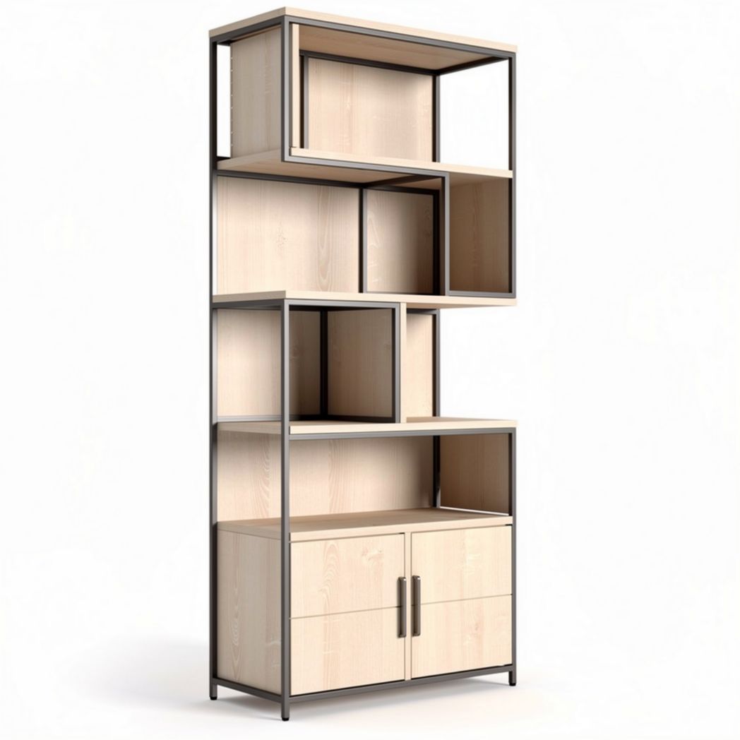 Moderne boekenkast van hout en metaal met open en gesloten opbergruimte 200 x 80 x 40cm