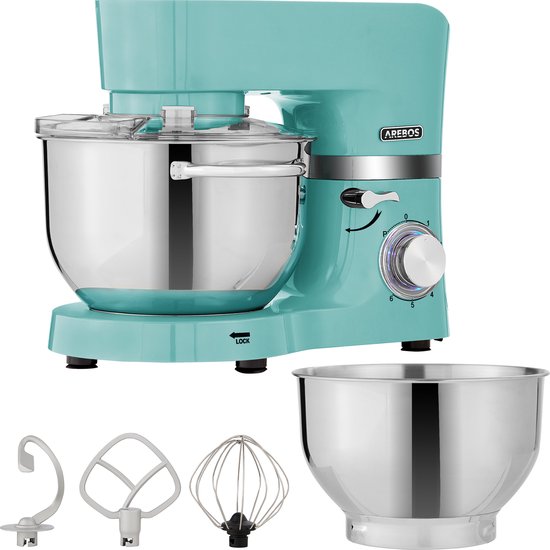 Arebos AREBOS Keukenmachine - 1500W - Keukenrobot - 5,5L4,5L - Keukenmixer - Foodprocessor - Roestvrij Stalen Mengkom - 6 Snelheden - Turquoise(Turquoise)