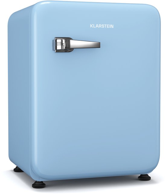 Klarstein Audrey Evo 68L Retro Mini Kühlschrank - Leise 40 dB, Kompakter Kühlschrank Klein mit Verstellbaren Füßen, Wendetür, Mechanischem Thermostat, Blau, Ideal für Schlafzimmer und Büros