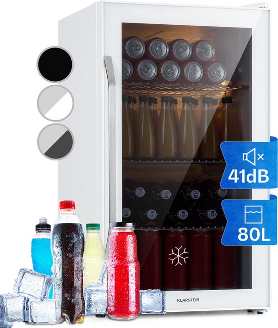 Klarstein Drankkoeler minikoelkast met glazen deur, minikoelkast voor op de kamer, kleine met verstelbare schappen, kleine koelkast van 80 liter, stille koelkast voor binnen en buiten - Touch - Wit - RVS LED - Drankkoelkast(Quartz)