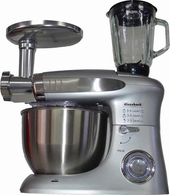Eisenbach Professional Keukenmachine 3in1 - Zilver - 2000W Kom 8L - hakmolen - crusher, blender, vleesmolen en diverse deeghaken - 6 snelheden + pulse functie
