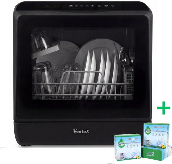 Ventux® Mini Vaatwasser Incl. App – Afwasmachine – 5 Programma’s – 900 Watt – 42,5 x 42,8 x 45,8 cm - Zwart(VTX-02 | Zwart)