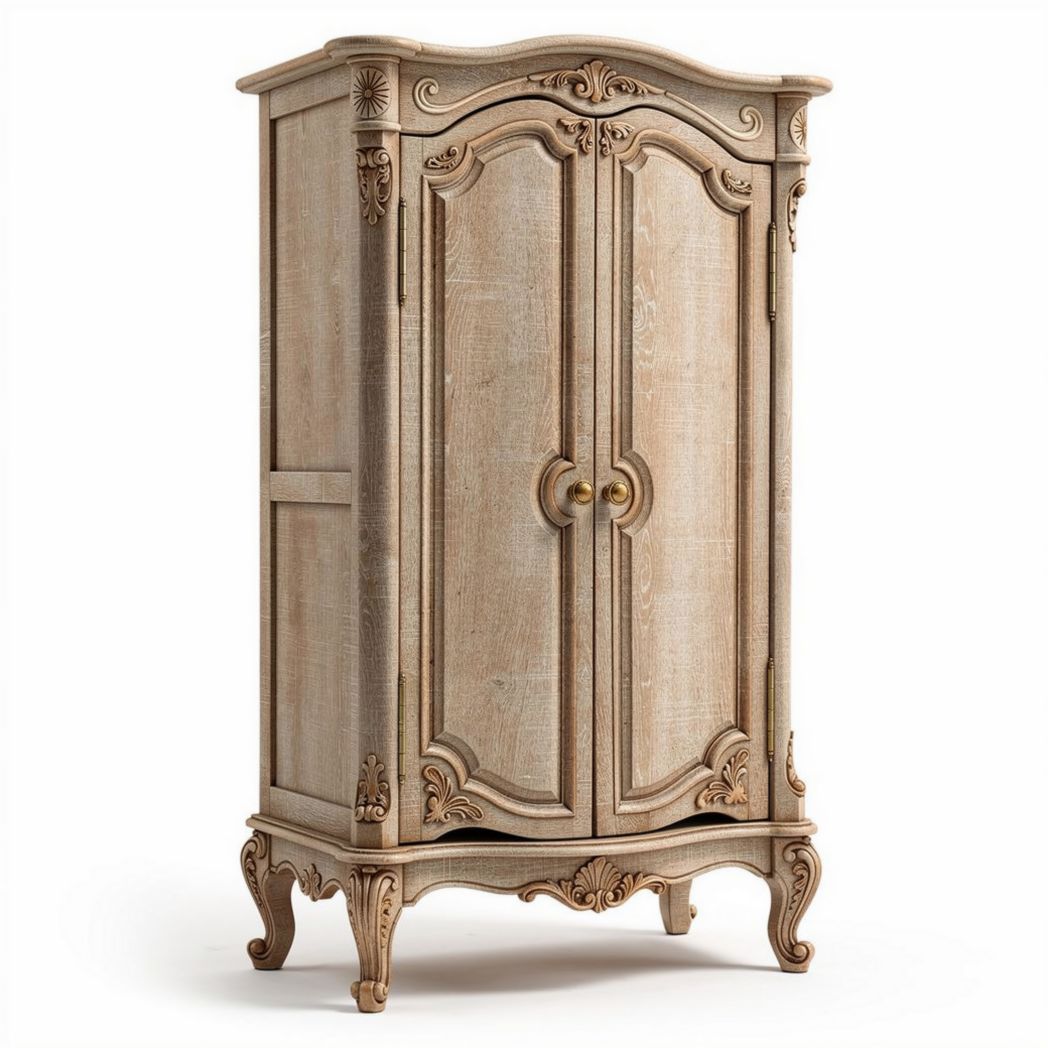 Kast van massief hout in lichtbeige met sierlijke afwerking 150 x 80 x 200cm