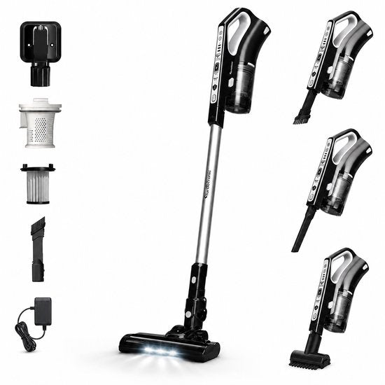 TurboTronic VS280 Cyclonic - 2-in-1 draadloze Steelstofzuiger met kruimeldief – hoge zuigkracht - 2 snelheden - 2200 mAH accu - 180W - extra accessoires - Zwart(Zwart)