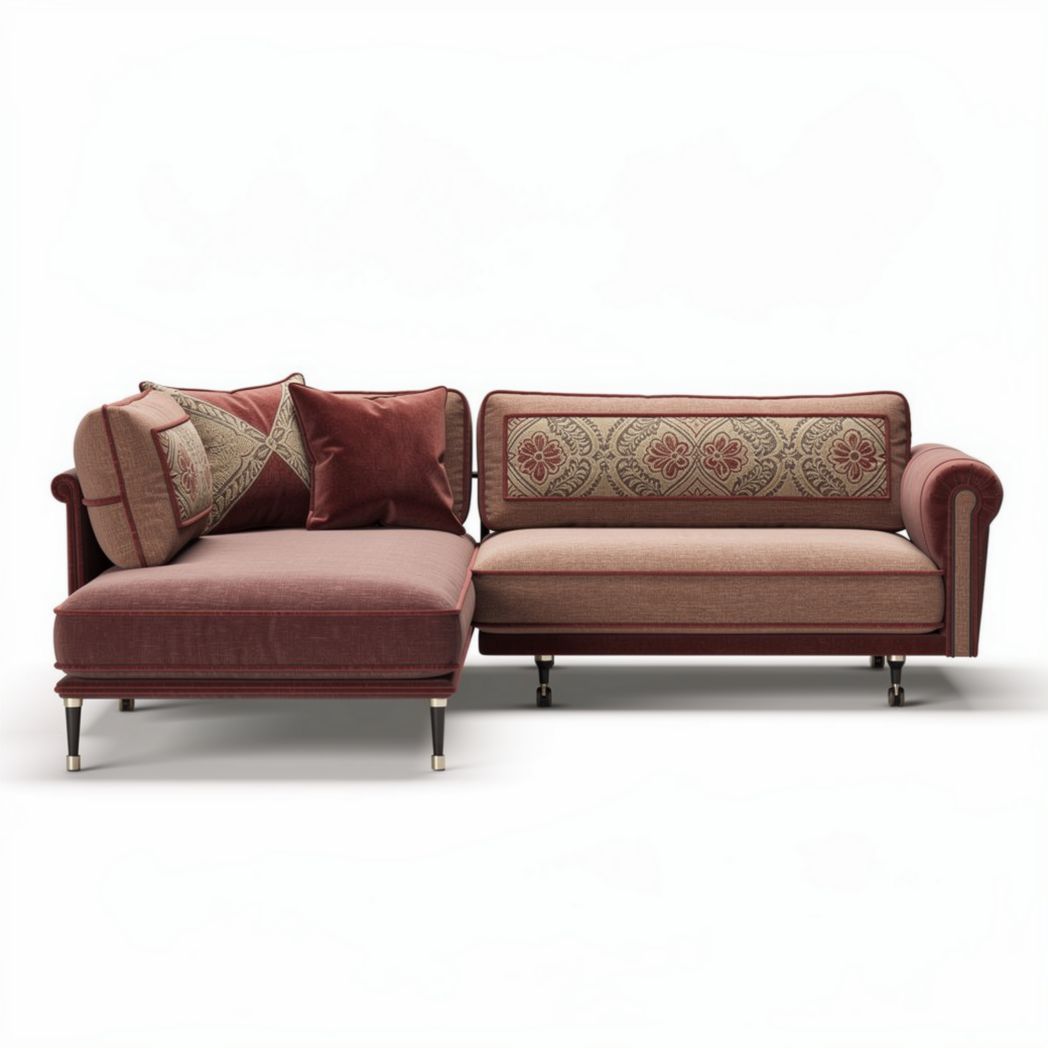 Hoekbank van stof in bordeaux en beige met kussens 240 x 180 x 90cm