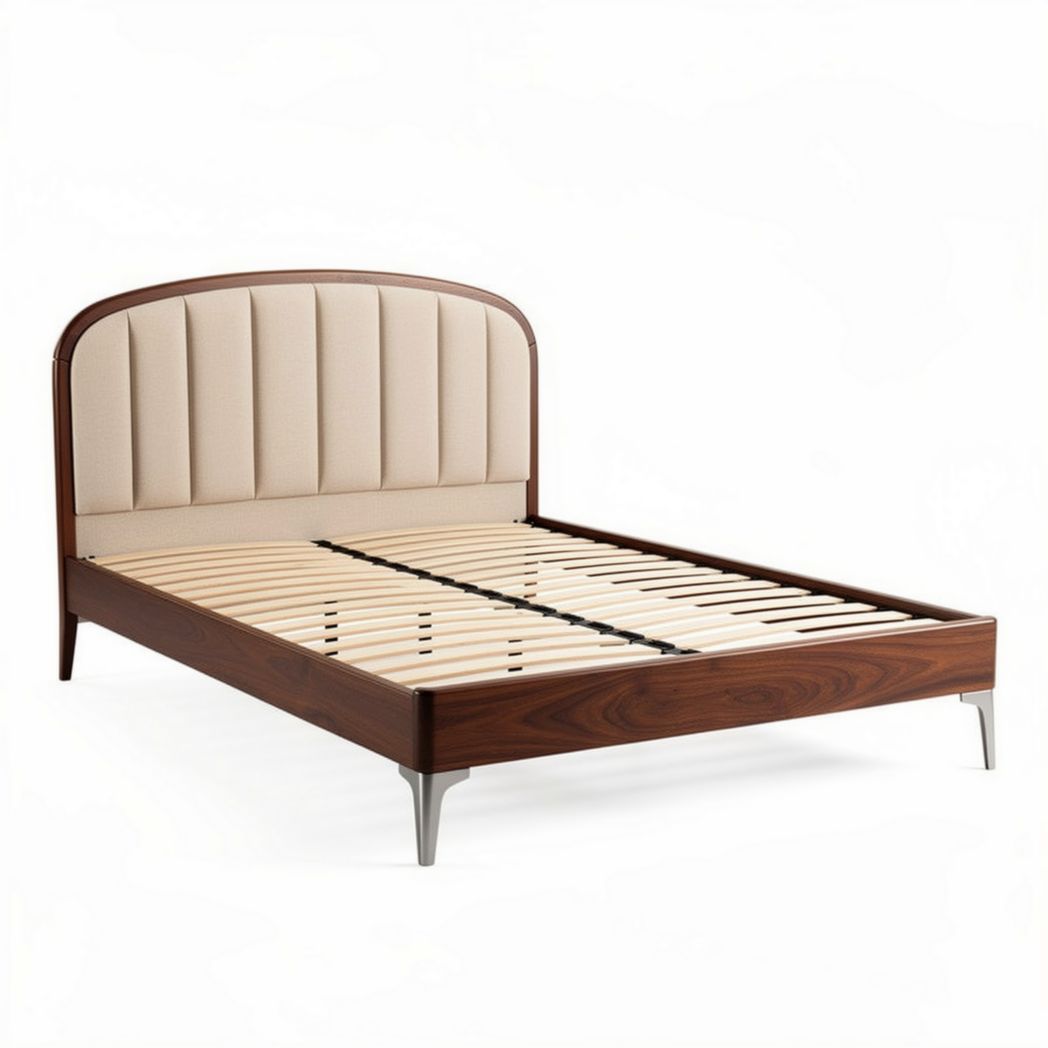 Houten bed met stoffen hoofdbord 200 x 160 x 100cm bruin en beige