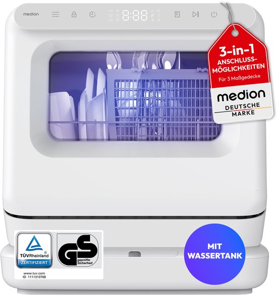 MEDION Mini Vaatwasser DWT30, 3 Couvert, Tafelvaatwasser, werkt met of zonder wateraansluiting, 6 Programma’s, UV Licht, Ventilatiedroging, Touch Display, vrijstaand, MD370022