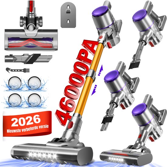 Elekiatech Steelstofzuiger- 46000Pa - 50 Minuten Gebruikstijd - 8 Kegel Filtersysteem Steelstofzuiger Draadloos - 1,5 L Stofbak - 2200 mAh Accu - voor Tapijten en Harde Vloere - Gold(B)